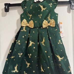 Green Christmas Dress with Gold Reindeer and Bows